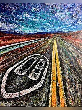 Abstract Roadway Landscape Wall Art Print in Blue, Yellow and Brown